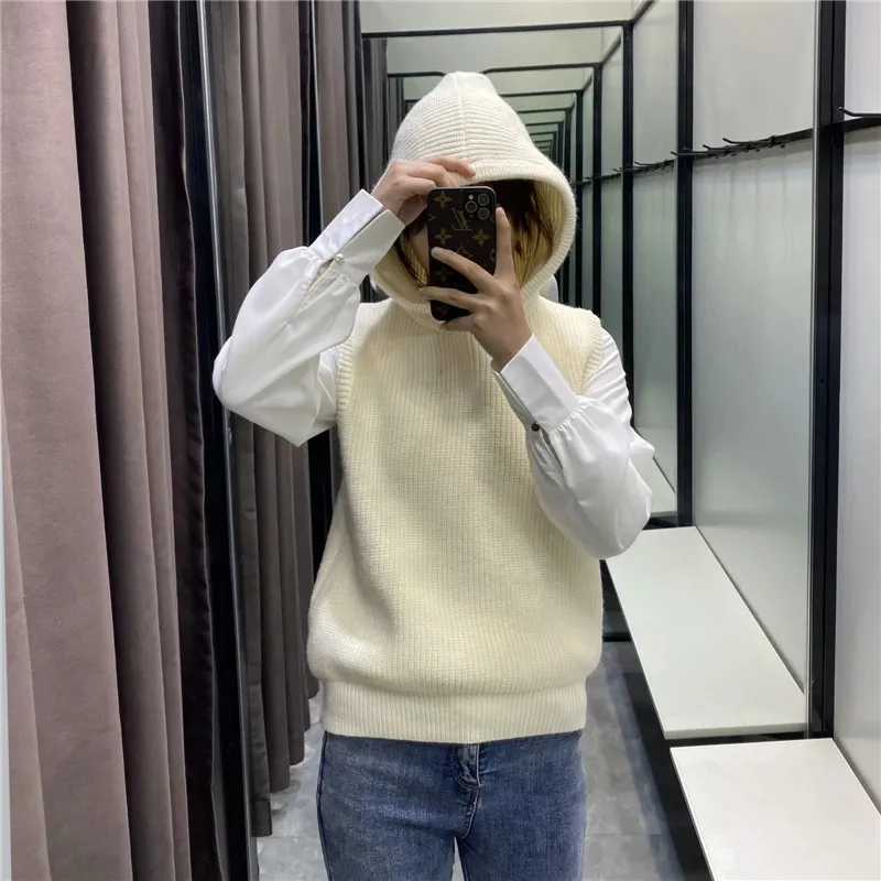 Beige Hooded Knitted Sweater Vest Women Vintage Preppy Rib Sleeveless Woman Winter Casual Pullover 210519