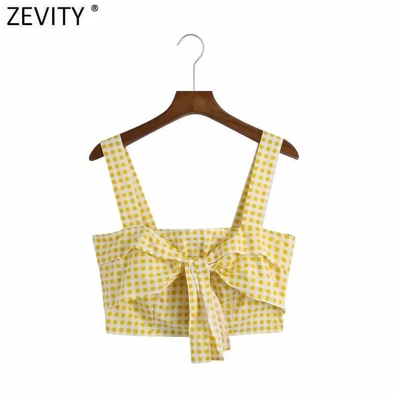 Zevity fransk stil Kvinnor söt båge bunden plädtryck gul kort smock blus kvinnlig chic sling skjorta chic blusas toppar ls9160 210603