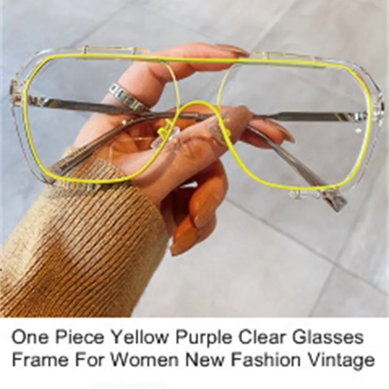 One Piece Yellow Purple Clear Glasses Frame For Women New Fashion Vintage Alloy Sunglasses Female Luxury Brand Square Eyewear