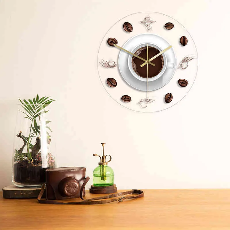 Café main grains de café horloge murale avec rétro-éclairage LED Design moderne café tasse à café Reloj De Pared cuisine acrylique montre murale H1230