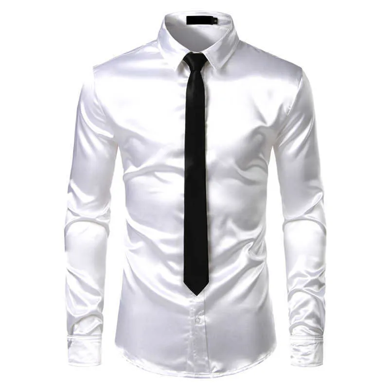 Silver Silk Shirt+Tie Mens Satin Smooth Tuxedo Shirts Casual Button Down Men Dress Wedding Party Prom Chemise Homme 210626
