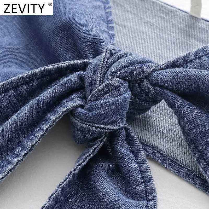 Zevity Women Spaghetti Strap Sexy Bow annodato Chic Short Denim Camis Tank Ladies Summer Slim Crop Sling Top LS9059 210603