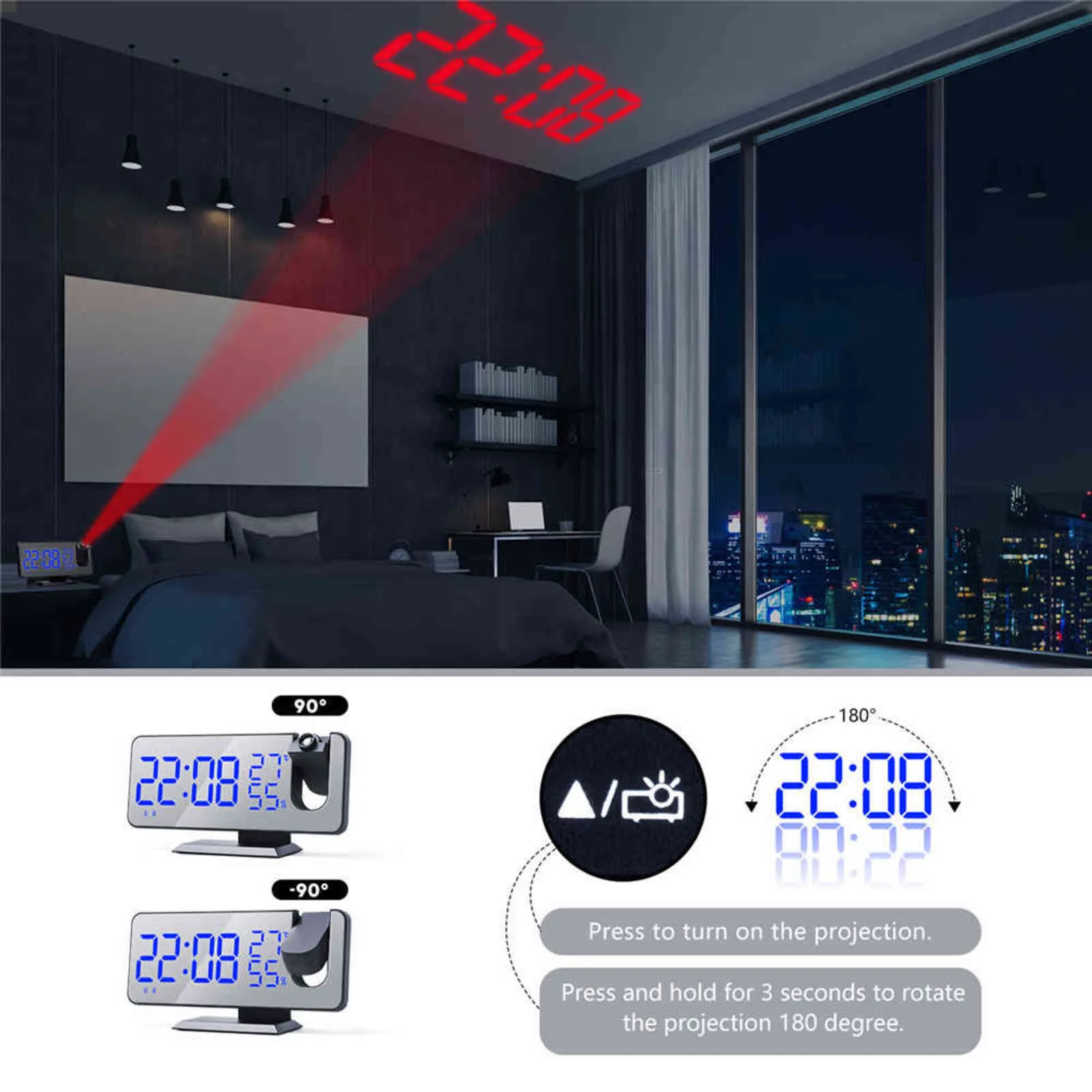 Réveil numérique Projection Radio Température Humidité Heure Nuit Affichage Miroir LED Horloge USB Sortie Ports Table Horloge 211111