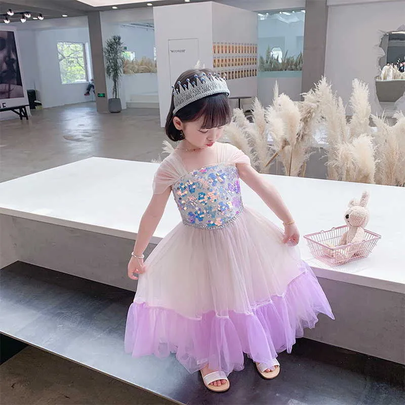 夏の子供の女の子のドレス2  -  PCSセット半袖スパンコールスノークイーンプリンセスドレス+ヘッドウェア服E030 210610