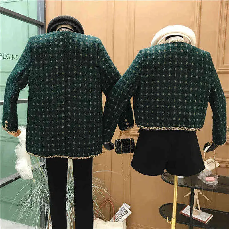 Giacca vintage in tweed scozzese da donna Elegante monopetto da donna Capispalla corto Top Primavera Autunno Manica lunga Cappotto verde scuro retrò 211105