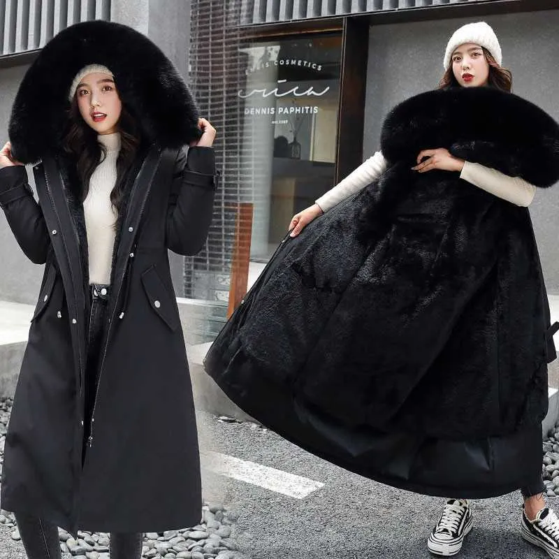 FitAylor inverno longo casaco mulheres quentes espessura parkas com capuz plus tamanho grande colarinho de pele casacos acolchoados 211018
