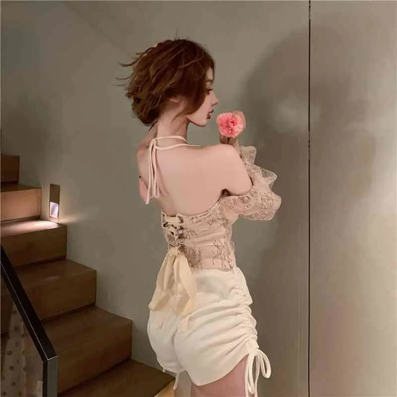 EzGaga Sexy Lace Patchwork Blusa Mulheres Verão Novo Lace-up Off Ombro Backless Slim Moda Coreana Ins Clubwear 210430