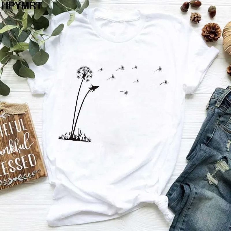2020 Nuovo Estate Wildflower Dandelion Bouquet Stampa Donna Tshirt Casual T-shirt bianca T-shirt divertente T Shirt regalo Lady Young Girl Top x0628