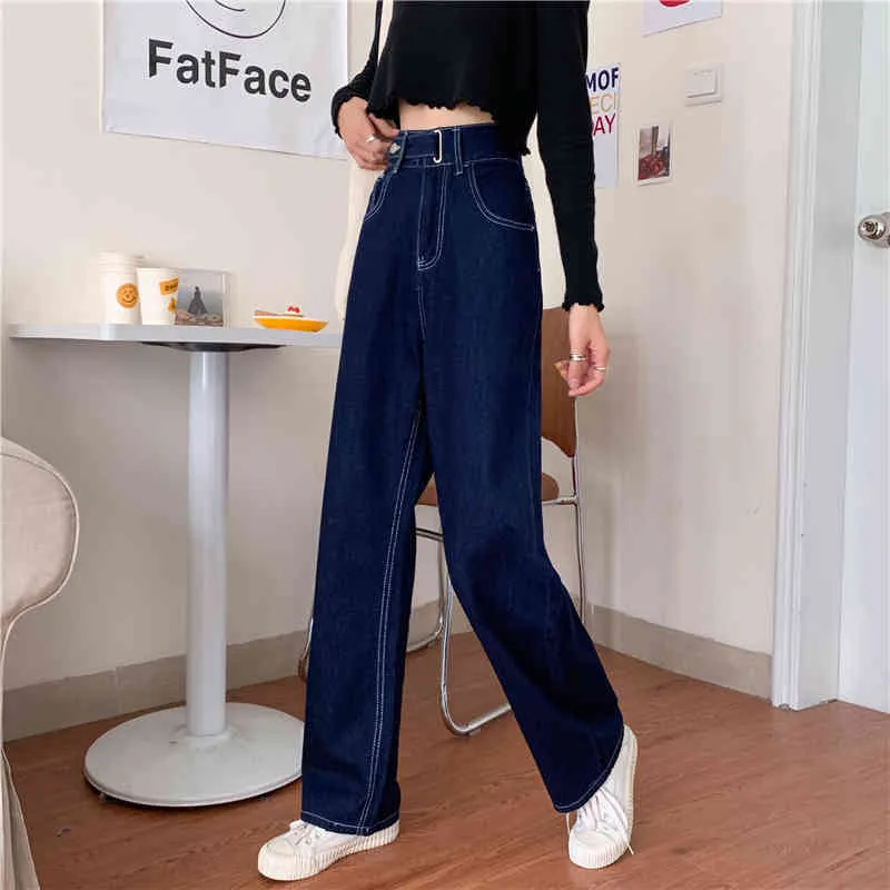 Women Wide Leg Jeans Trousers Spring Autumn Solid High Waist Loose Vintage Straght Demin Long Pant Female Plus Size 4XL 210423