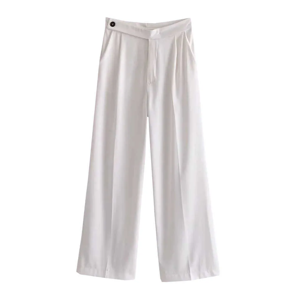 Za 2021 mulheres retas soltas comprimento total calças de cintura alta moda bolso escritório branco cintura elástica calças largas mujer q0801
