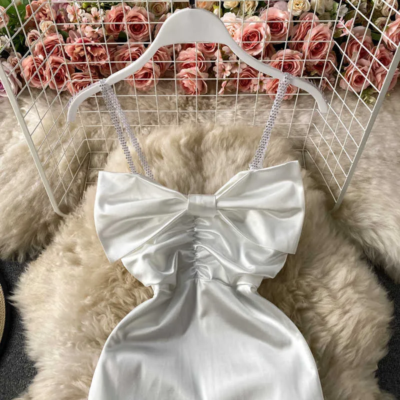 Mini vestido Sexy ajustado con tirantes finos para mujer, Vestidos drapeados de cintura alta con lazo blanco/negro, moda de verano para mujer 2021 Y0603