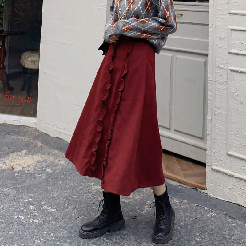 Vintage velours côtelé jupe taille haute femmes hiver chaud noir jupe longue style coréen harajuku plus taille jupe plissée à volants 210619