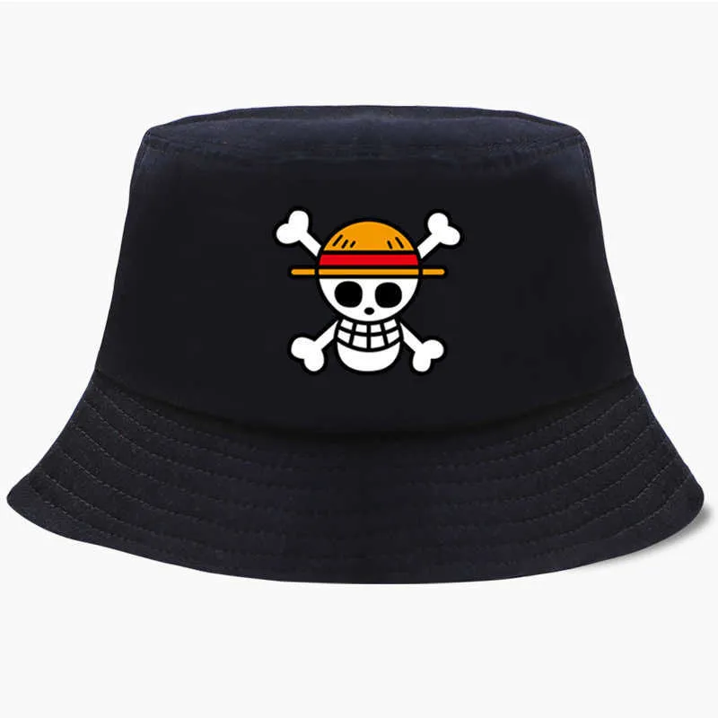 One Piece Bucket Hat Panama Cap the Pirate King Anime Luffy Harajuku Women Men Cotton Outdoor Sunscreen Wide Brim Hats Caps Q0805269E