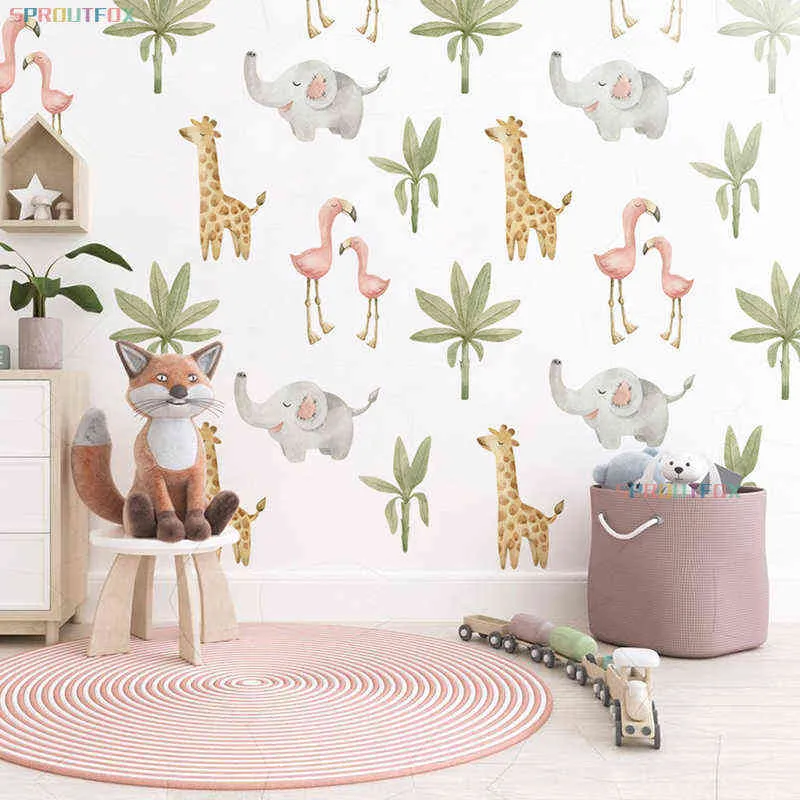 Dessin animé animal bébé flamant éléphant girafe feuille verte stickers muraux pour enfants chambre salon bébé nursey maison décoartion 211112