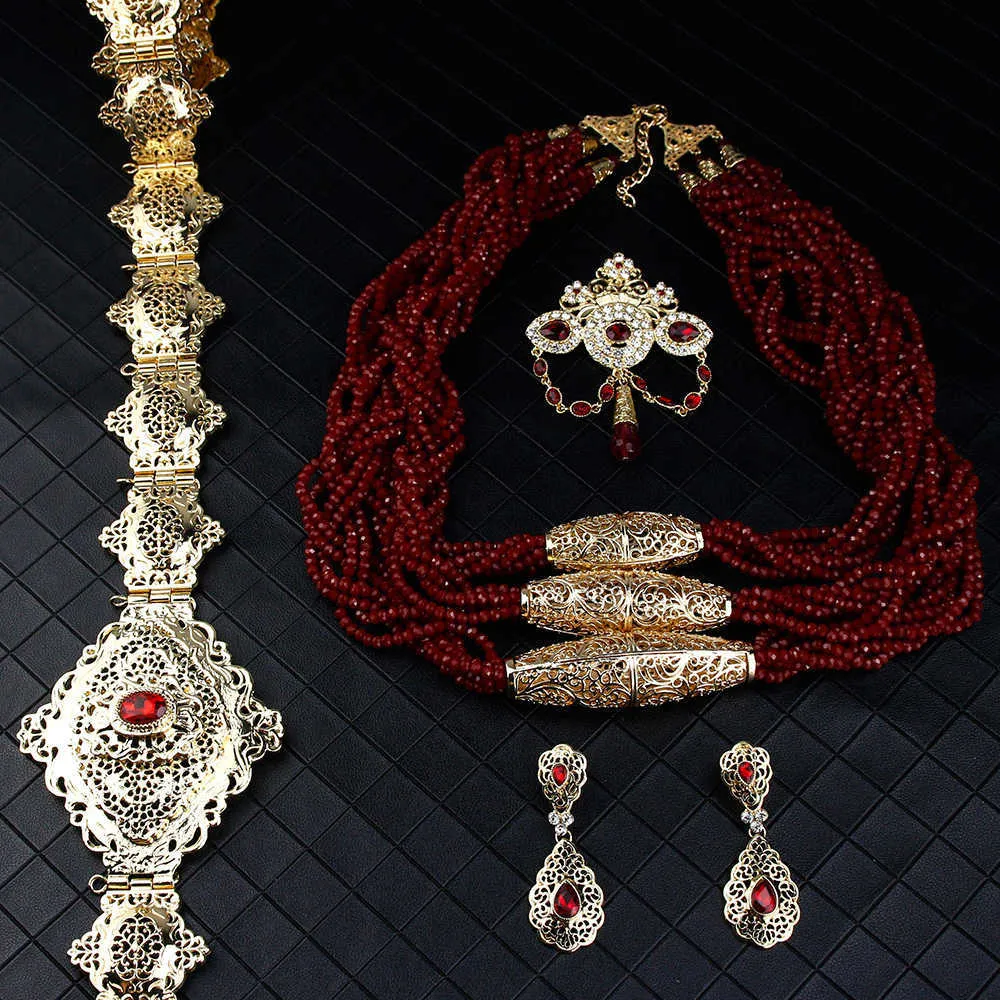 Sunspicems Colore oro Marocchino Set di gioielli da sposa le donne Collana di perline Spilla Orecchino a goccia Cintura in metallo Caftano Bijoux Regalo H1022