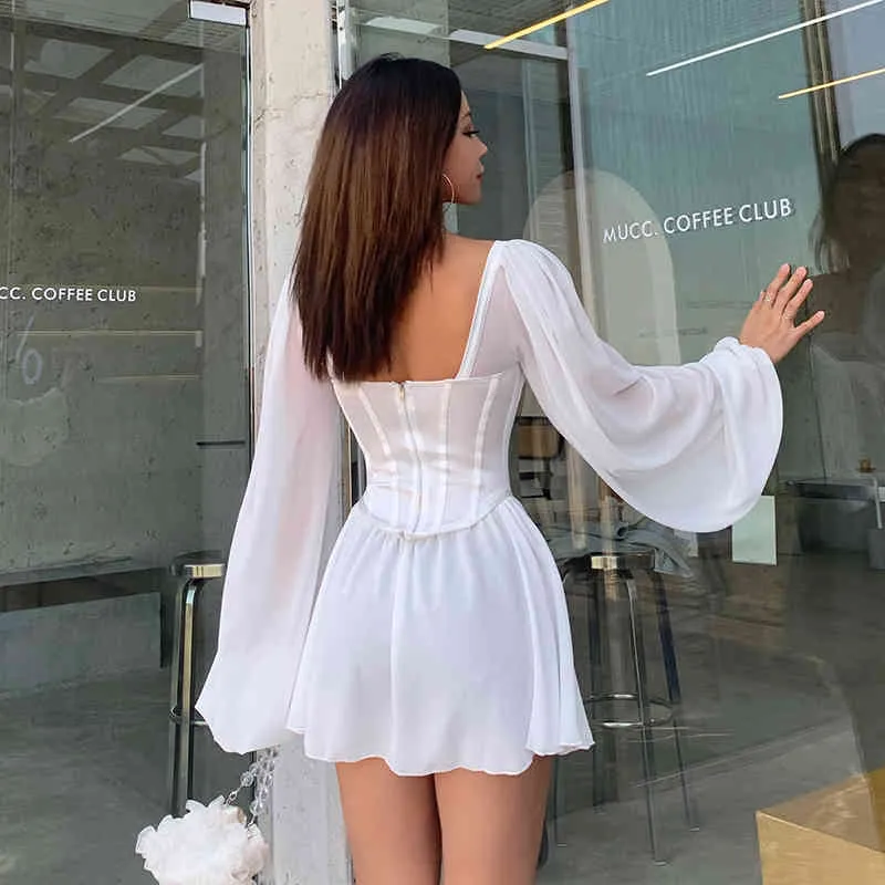 Sexy Bodycon Women Dress Female Lantern Sleeve Y2K Corset Chiffon Dresses White Autumn Beach Vacation Outfit Elegant Party Dress 210422