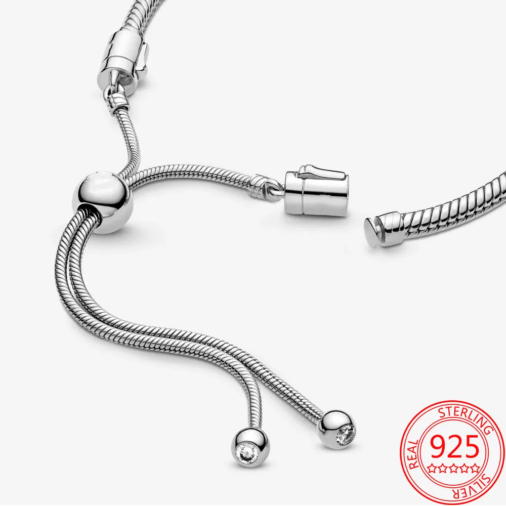 Fashion 925 Sterling Silver Snake Chain Slip Ring Retractable Base DIY Charm Basic Bracelet Ladies Gift