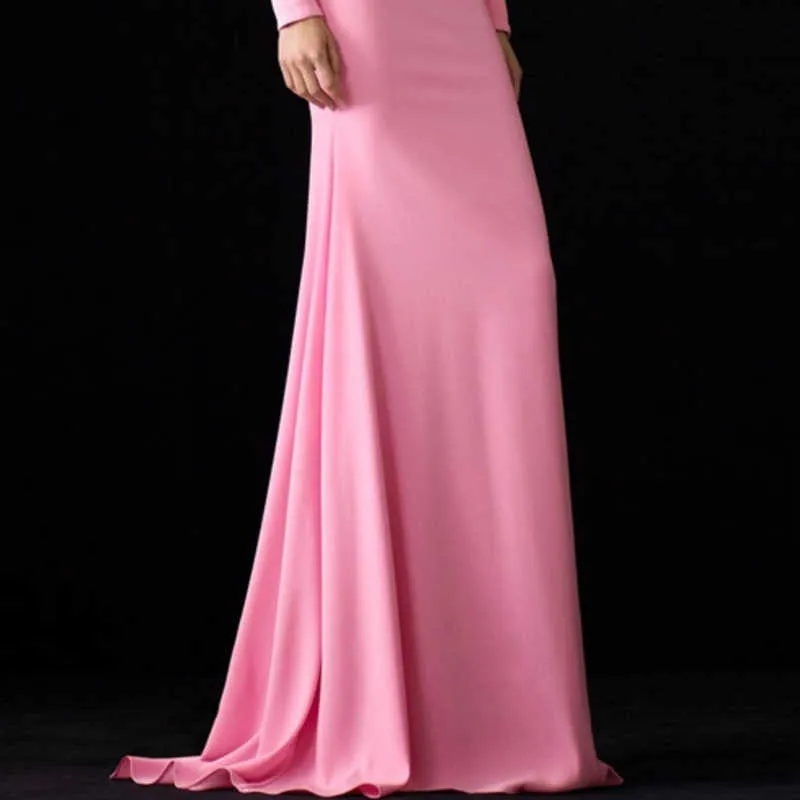 [DEAT] Spring Fashion Round Neck High Waist Floor-length Long Sleeve Pink Elegant Dress Women Quality 13C781 210527