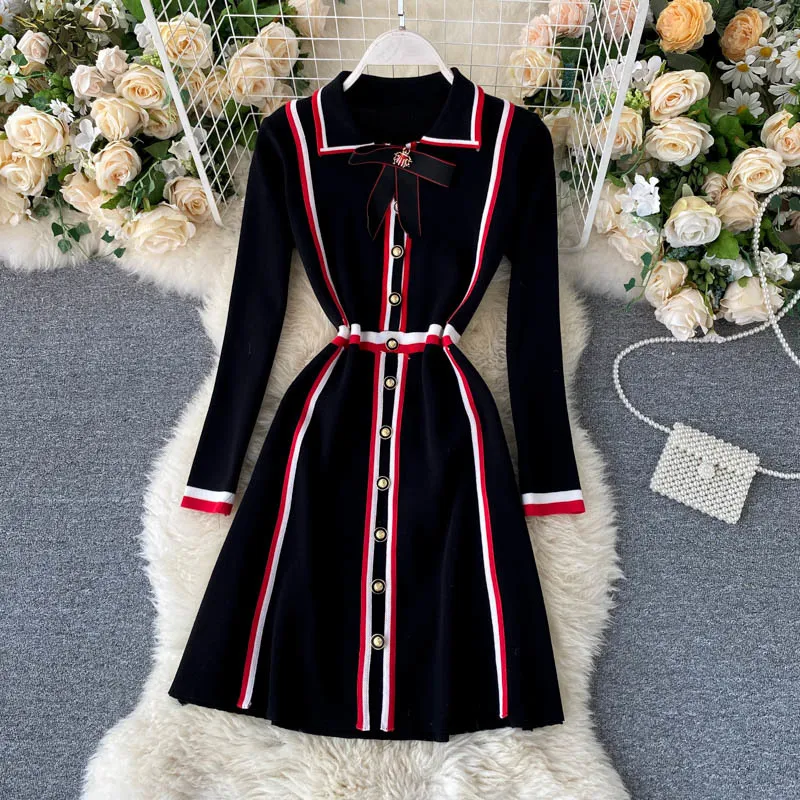 Autumn Women Dress Korean Casual Long Sleeve Robe Femme Striped Bowknot Lapel Elegant Streetwear Knitted Sweater Dresses 210514