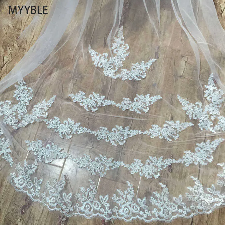 MYYBLE 2021Wholesale 3M 5M One Layer Lace Edge White Ivory Catherdal Wedding Veil Long Bridal Veil Cheap Wedding Accessories Veu X0726