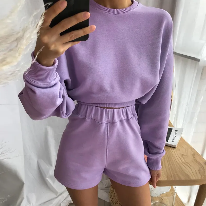 Ezgaga casual twee stukken set vrouwen herfst solide trainingspak lange mouw crop top en shorts outfits matching set basic fashion 210430