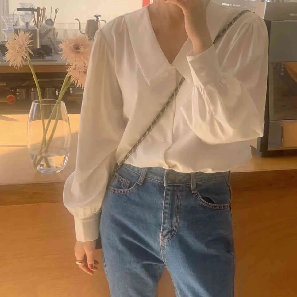 White Femme Casual Chic Gentle Lapel Solid Girls Sweet All Match Fashion High Quality Loose Tops Shirts 210525