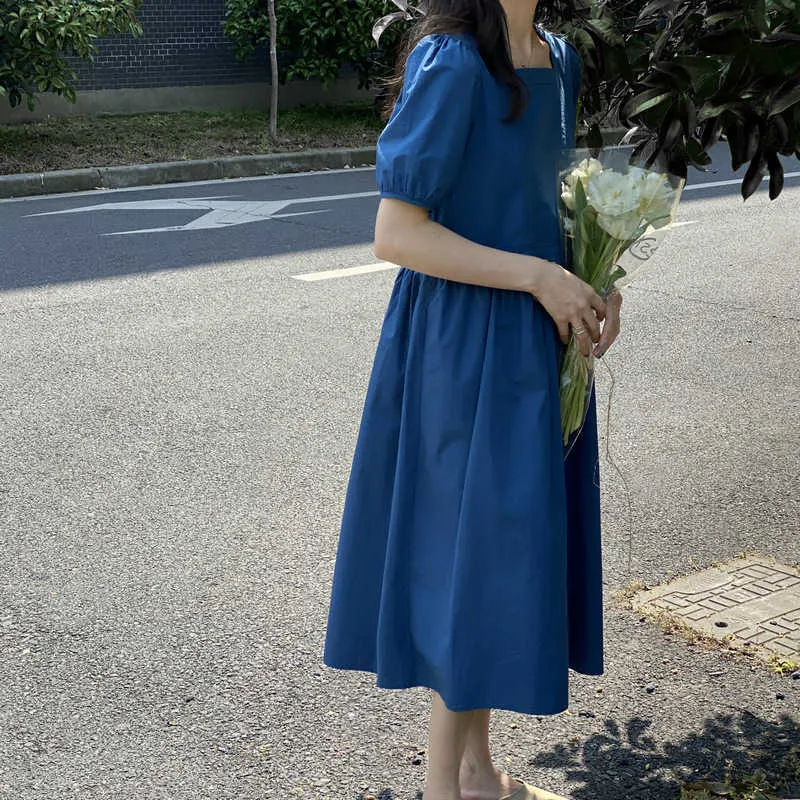 HXJJP Vestido de verano Largo Suelto Francés Retro Cuello Cuadrado Lavado Mujer Algodón Azul Rosa Blanco 210607