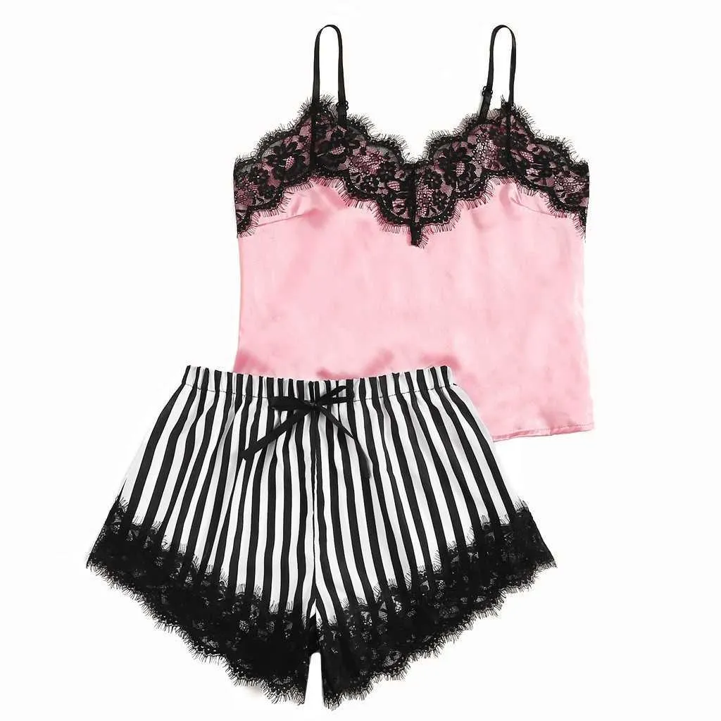 Sexy Dessous Pyjamas Für Frauen Hause Kleidung Nachthemd V-ausschnitt Spitze Satin Gestreiften Leibchen Nachtwäsche Bowknot Shorts Set #YJ Q0706