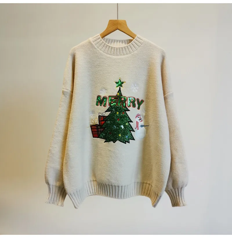 Dames Casual Trui Cartoon Pullovers Kerstboom Oversized Pull Jumpers Light Mouw Lovertjes Sneeuwpop Tops 210430