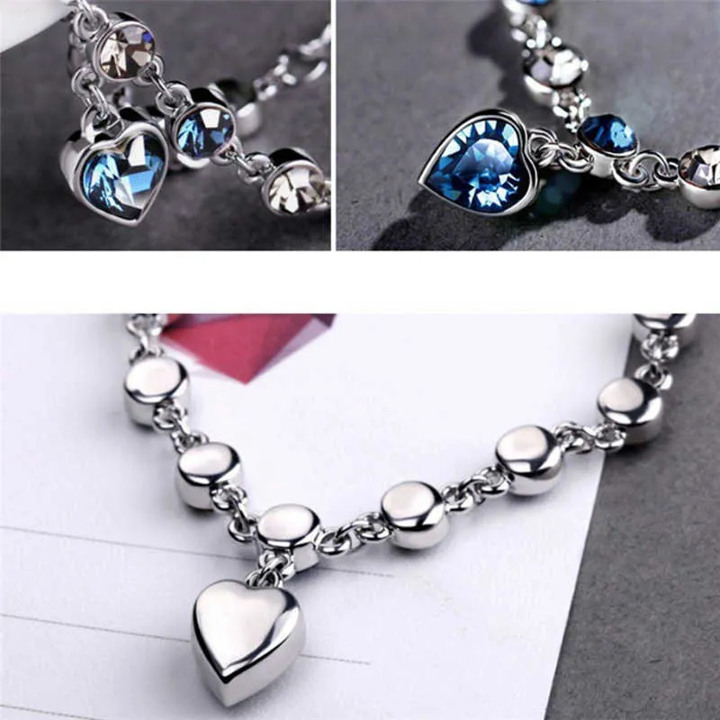 Classique Océan Coeur Bleu Cristal Bracelets pour Femmes Simple Alliage Métal Amour Bracelet Saint Valentin Cadeau Bijoux En Gros G1026