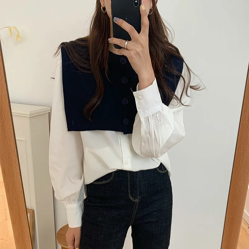 Ezgaga Two Piece Set Women Autumn Chic V-Neck Cropped Sweater Vest Shawl and Long Sleeve Shirts Office Lady Elegant Fashion 210430