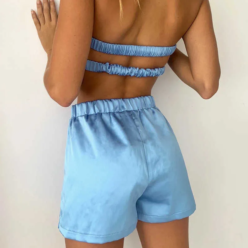 Boofeenaa Blue Satin Shorts med Crop Top Set Sexiga Summer Outfits For Women 2021 Loungewear Wholesale Artiklar C85-CB13 Y0719