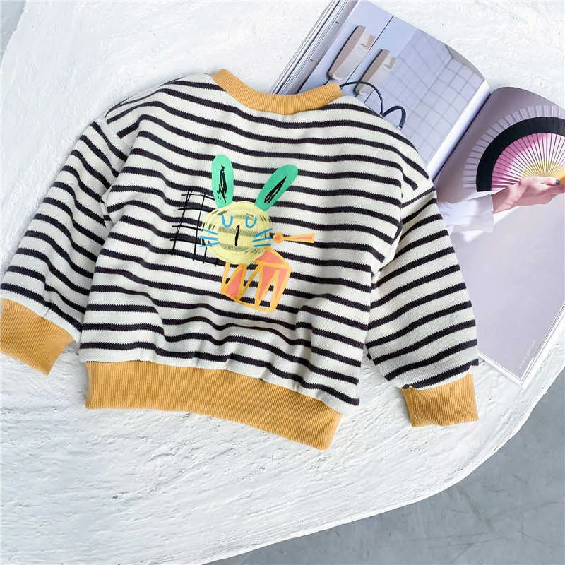 Winter Girls Fashion Cartoon Rabbit Striped Plush Sweater Korean Style Thicken Loose Warm Hoodies Toddler Kids 210615