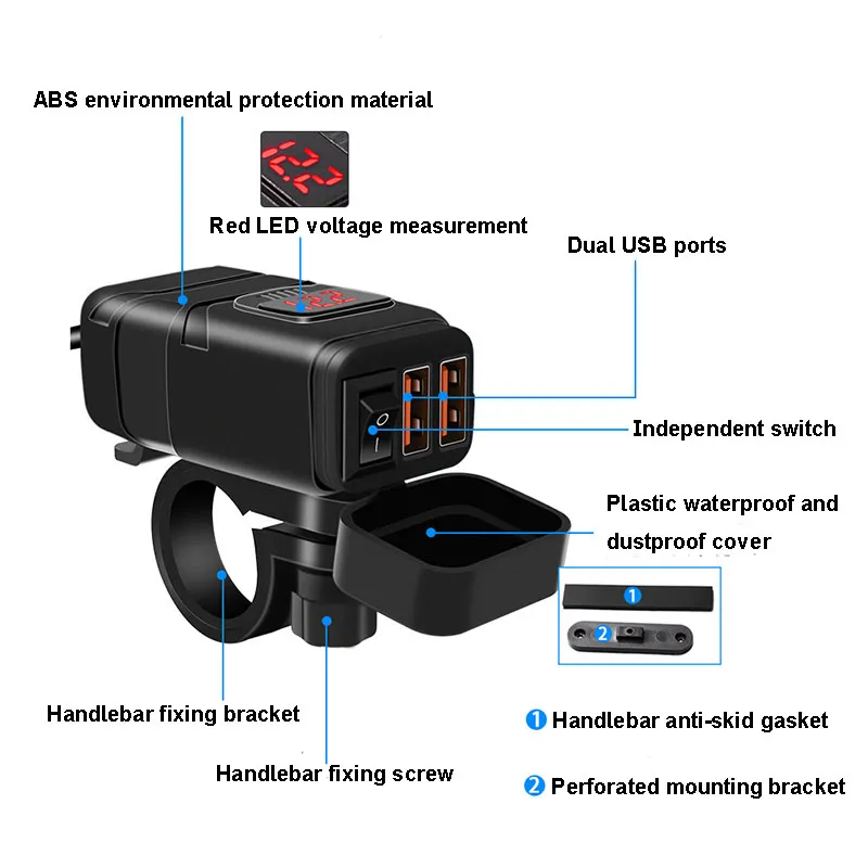 Motosiklet Hızlı Şarj Çift USB 3.0 Port 12 V Voltmetre Ile 12 V Su Geçirmez Motosiklet Gidon Şarj USB3.0 Şarj Ekipmanları