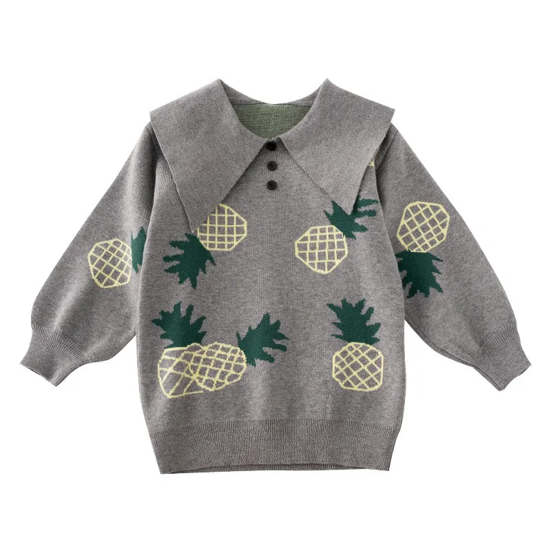 Girls Clothes Autumn Winter Children's Cartoon Pineapple Print Lapel Baby Long-sleeved Sweater Girl Dress 210515