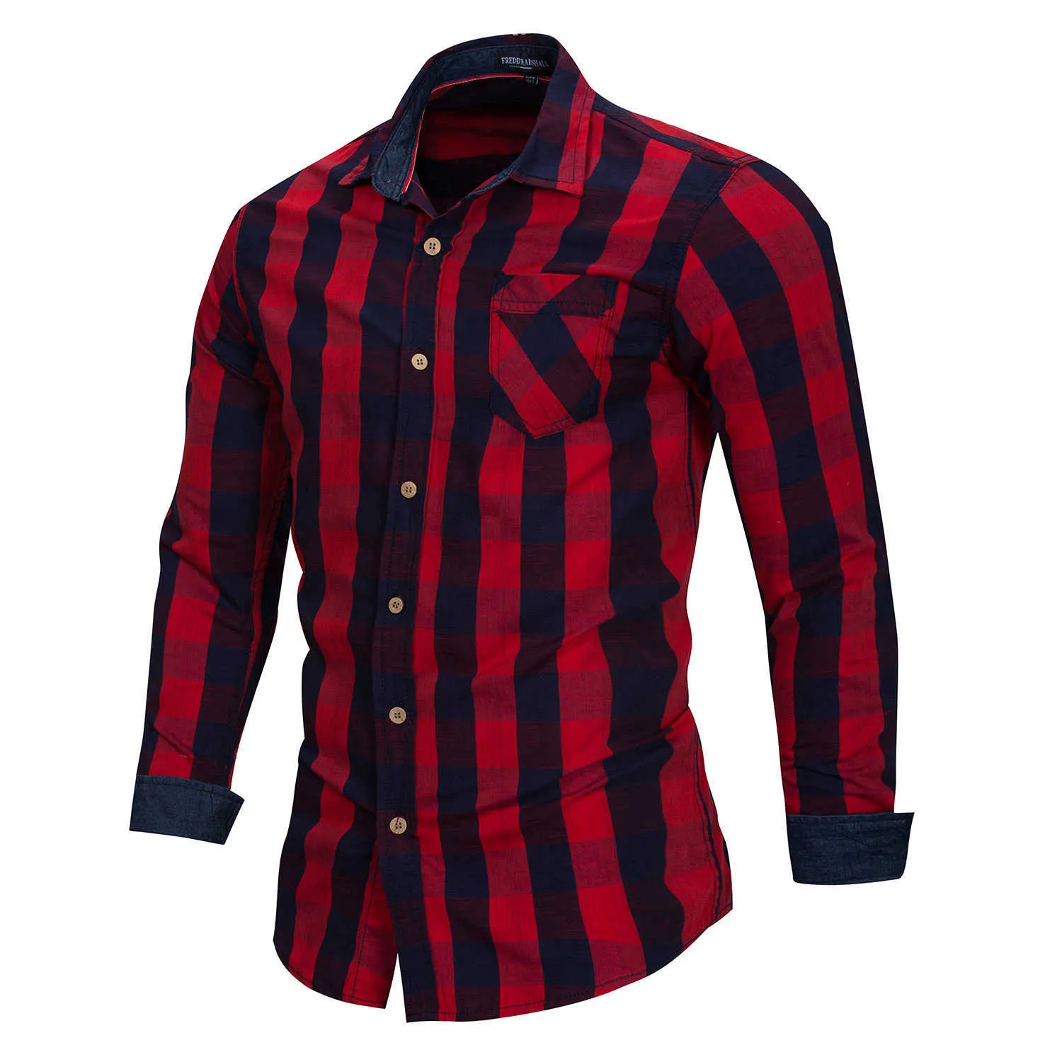 Fredd Marshall Casual Shirt Men Plaid Male Shirts Slim Fit Long Sleeve Plaid Cuff Brand Dress Shirt Camisa Masculina 3XL FM155 210527