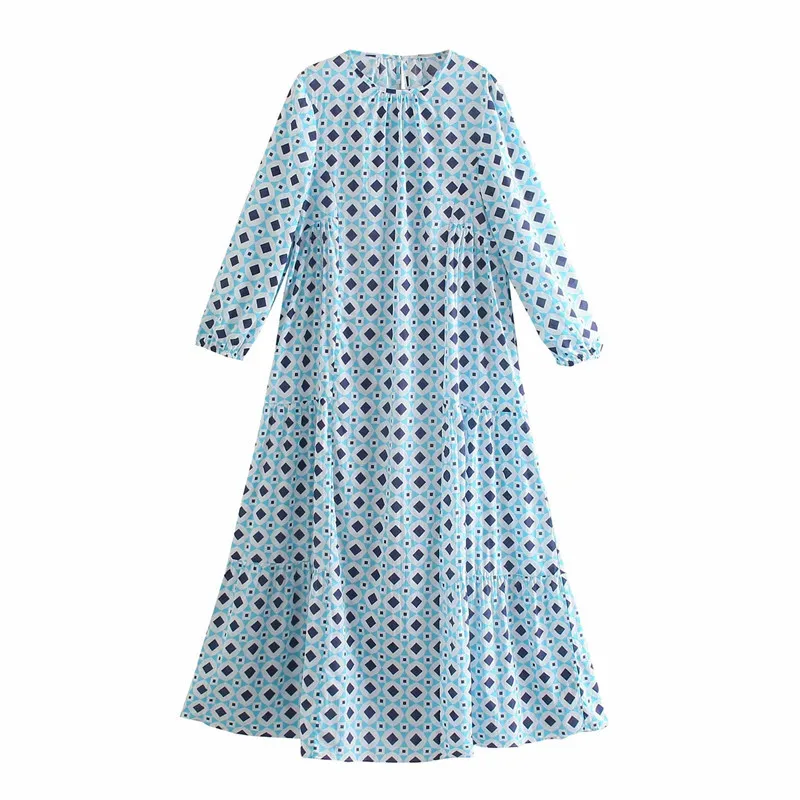 Blue Women's Summer Long Dress Vintage Print Semi Sheer Sleeve Woman Dresses Ruffle Loose Casual 210519