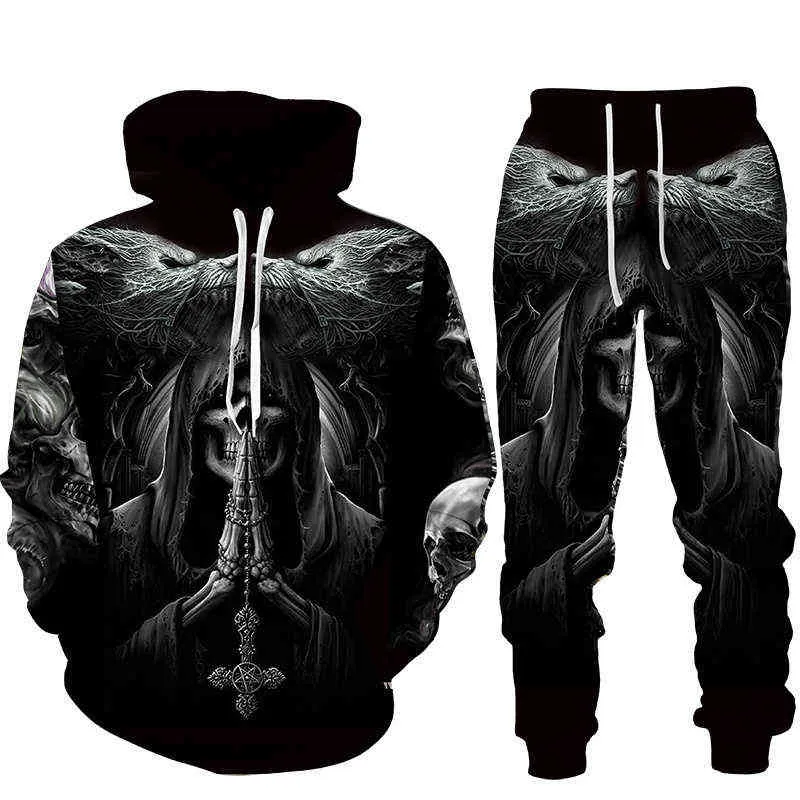 Cool 3D Skull Print Men's Hoodies Sweatshirts Suits Fashion Tracksuit Autumn And Winter Zipper Hoodie Pants Two Piece Set 211220
