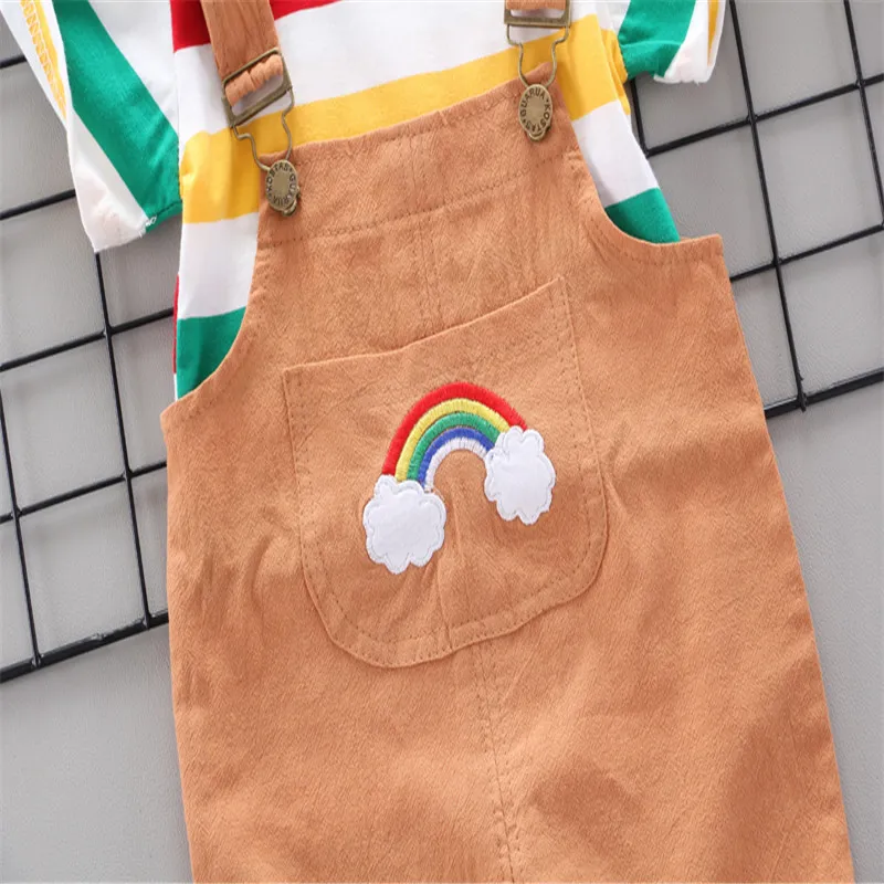 Summer Children's Clothes Set Short Sleeve Striped Top + Rainbow Workwear Pants Cute 210515