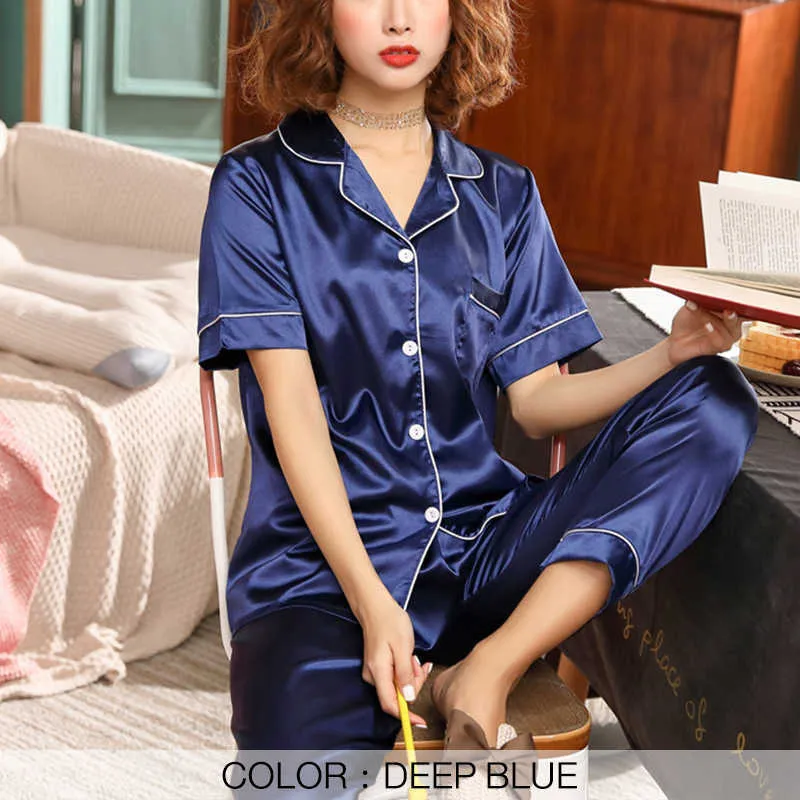 Women Pajamas Sets Satin Pyjamas Nightwear Sleepwear Lingerie Short Sleeve Cute Sexy Casual Korean SA1059 210809