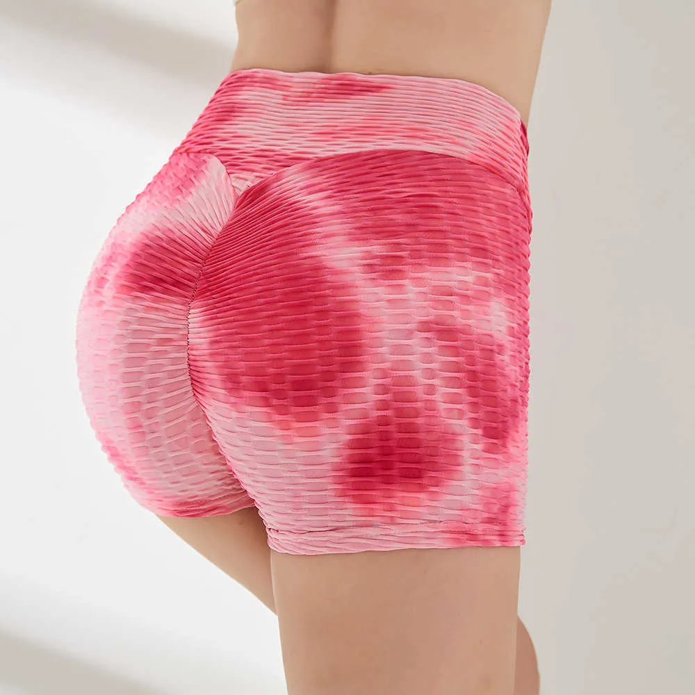 Sommar damer slips dye jacquard springa fitness shorts pläd elastisk midja högsträcka sexiga tryck upp snabb-torr gym träning 210604