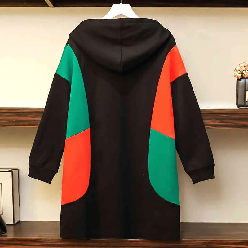 Women Long Hoodies Autumn Korean Fashion Patchwork Color Sleeve Loose Cotton Hooded Sweatshirt Dresses 210428