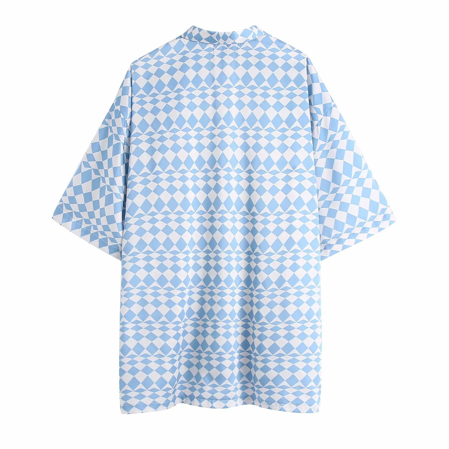 Wit Blauw Satijn Geometrische Print Oversized Shirts Dames Zomer Button Up Kraag Shirt Vrouw Korte Mouw Streetwear Tops 210430