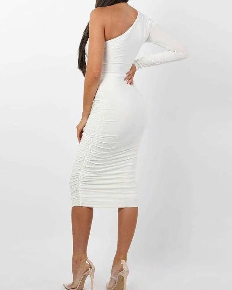 Mode élégante Sexy femmes blanc Cocktail fête Slim Fit robes une épaule ceinturée ruché conception moulante robe mi-longue Y1006