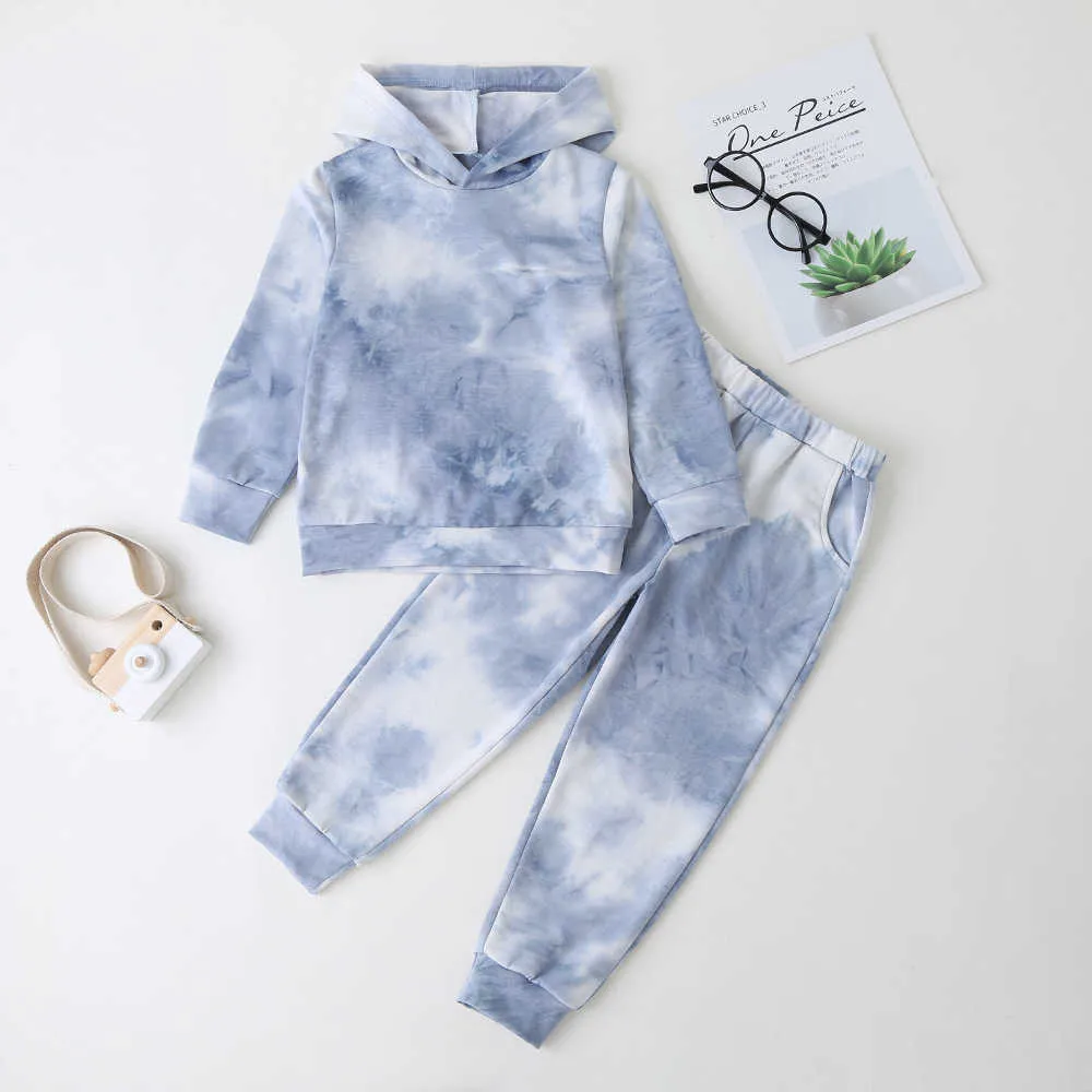 Children's Clothing Boys Girls Tie Dye Long Sleeve Blue Hooded Sweater Blue Pants Fashion Style Set 2021 Spring Autumn New X0902