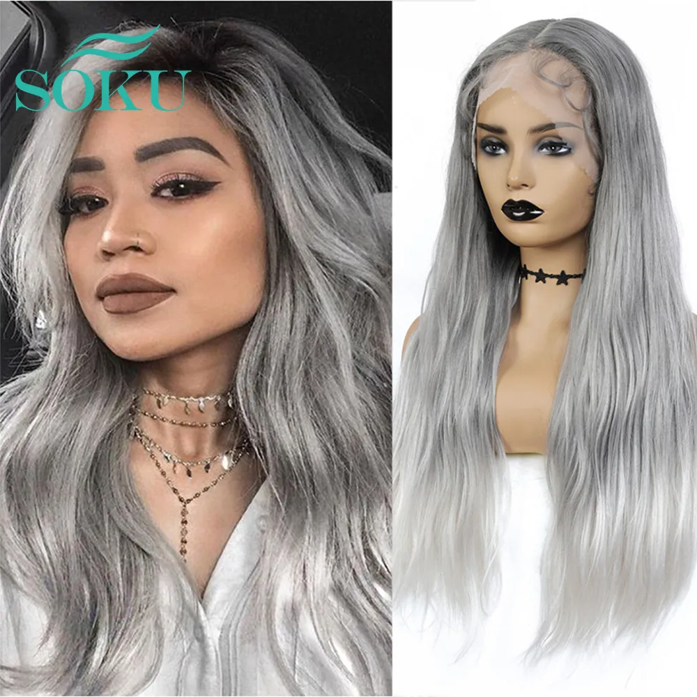 Synthetic Lace Front Wig Gery Color Natural Wavy Wig SOKU Long Middle Part Trendy Hairstyle Heat Resistant Fiber For Black Women