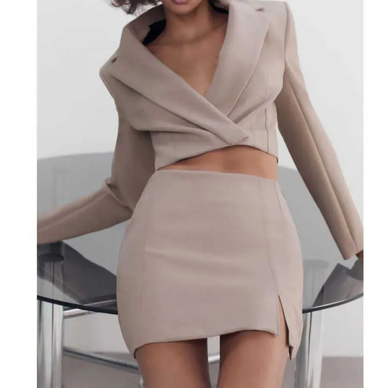 ZA Kadınlar Moda Yüksek Bel Kısa Suit Ceket Vintage Kadın Giyim Bölünmüş Kalça Etek 2-piece Set Xitimeao 211006