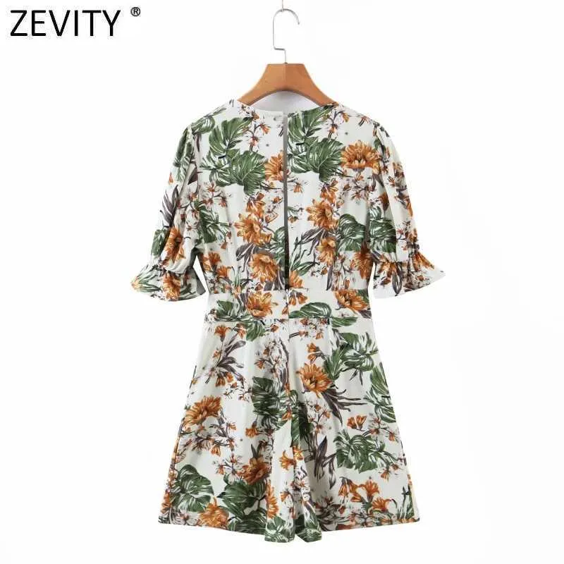 Zevity Women Tropical Floral Print Ruffles Playsuits Femme Back Zipper Slim Wide Ben Shorts Siamese Chic Beach Rompers P1017 210603