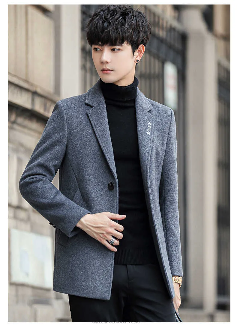 High Quality Mens Wool Trench Coat Jackets Embroidery Men Casual Slim Fit Coats Winter Turndown Business Outwear Windbreaker 210527