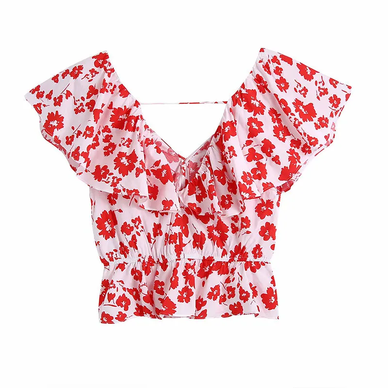 Kobiety Lato Słodkie ZA Bluzki Koszulki Topy Kwiatowy Drukuj V-Neck Ruffles Tunika Kobieta Vintage Street Top Odzież Blusas 210513